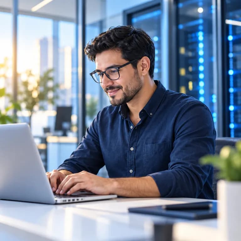 Especialista tecnológico trabajando con una computadora portátil.